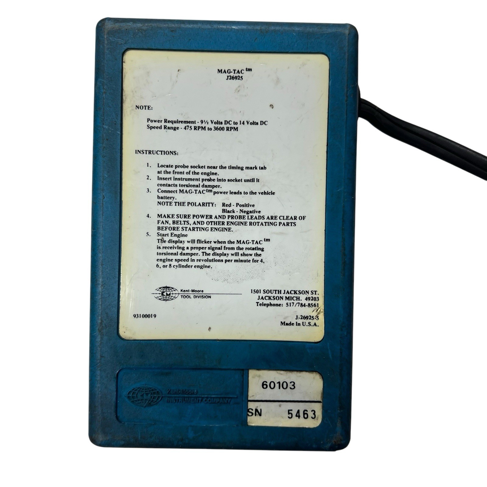 Kent Moore Mag-Tac Tool J-26925 Magnetic Tachometer 9.5-14 Volts 475-3600 RPM