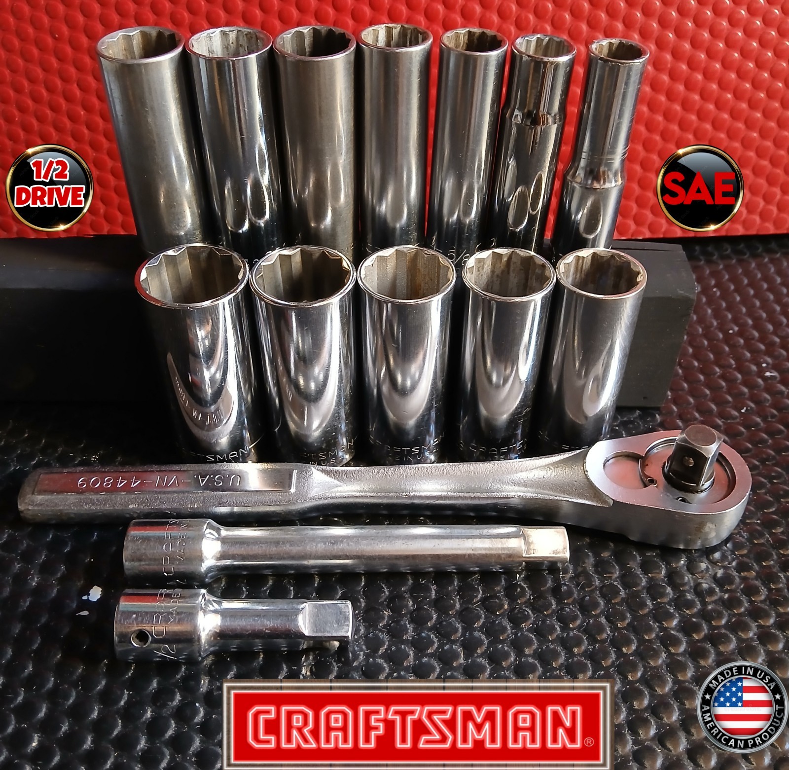 🇺🇸 CRAFTSMAN 1/2″ Dr SAE 15pc Deep Socket & Rachet Set: 9/16″ to 1-1/8, 12-pt