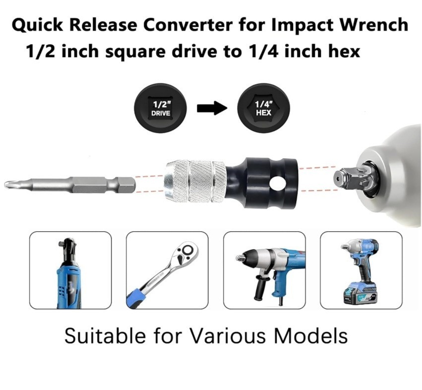 2Pcs 1/2″ Square Drive to 1/4″ Hex Socket Adapter Converter Impact Wrench Chuck.