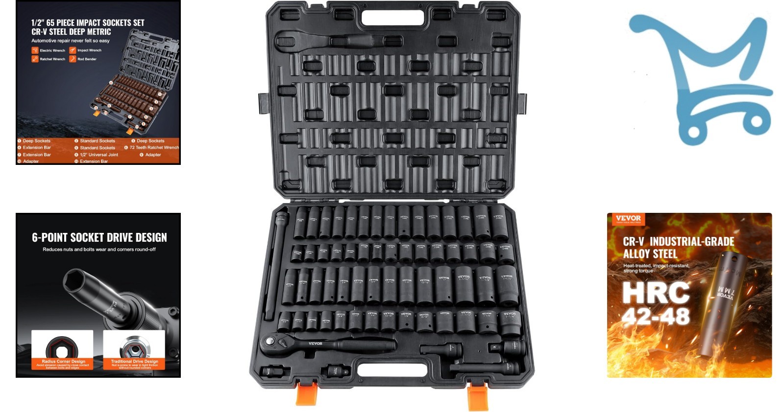 Impact Socket Set 65 Piece Chrome Vanadium Steel SAE Metric Includes Storage …