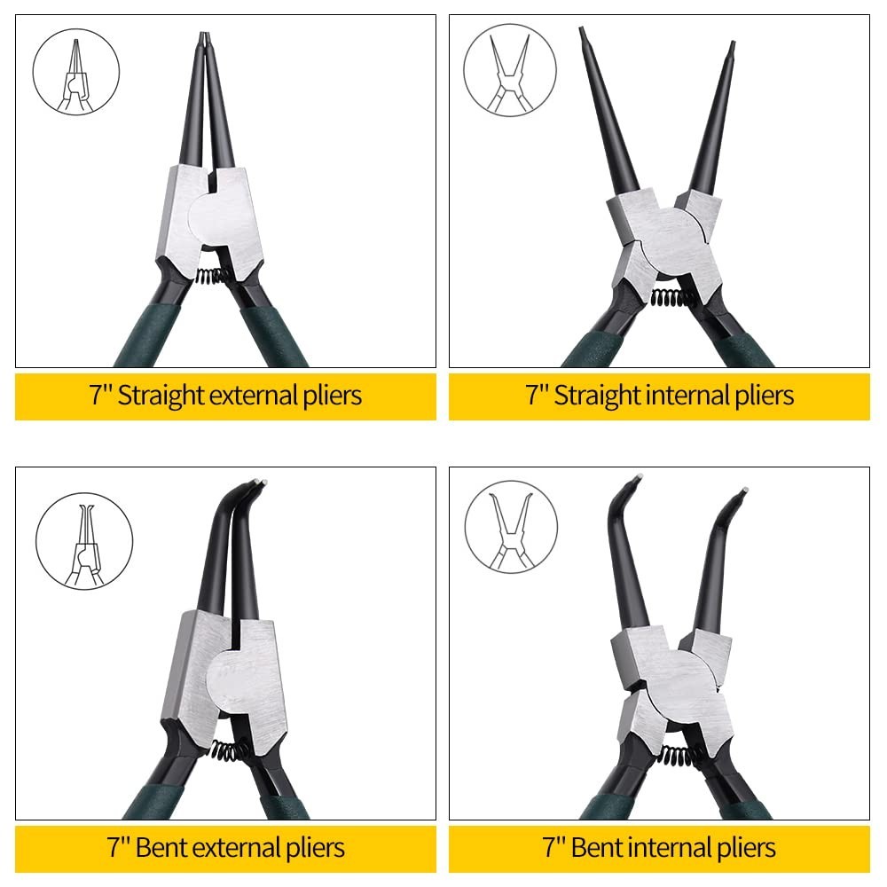 4pcs Snap Ring Pliers Set – 7″ Internal/External Circlip Tool Kit, Heavy Duty, S