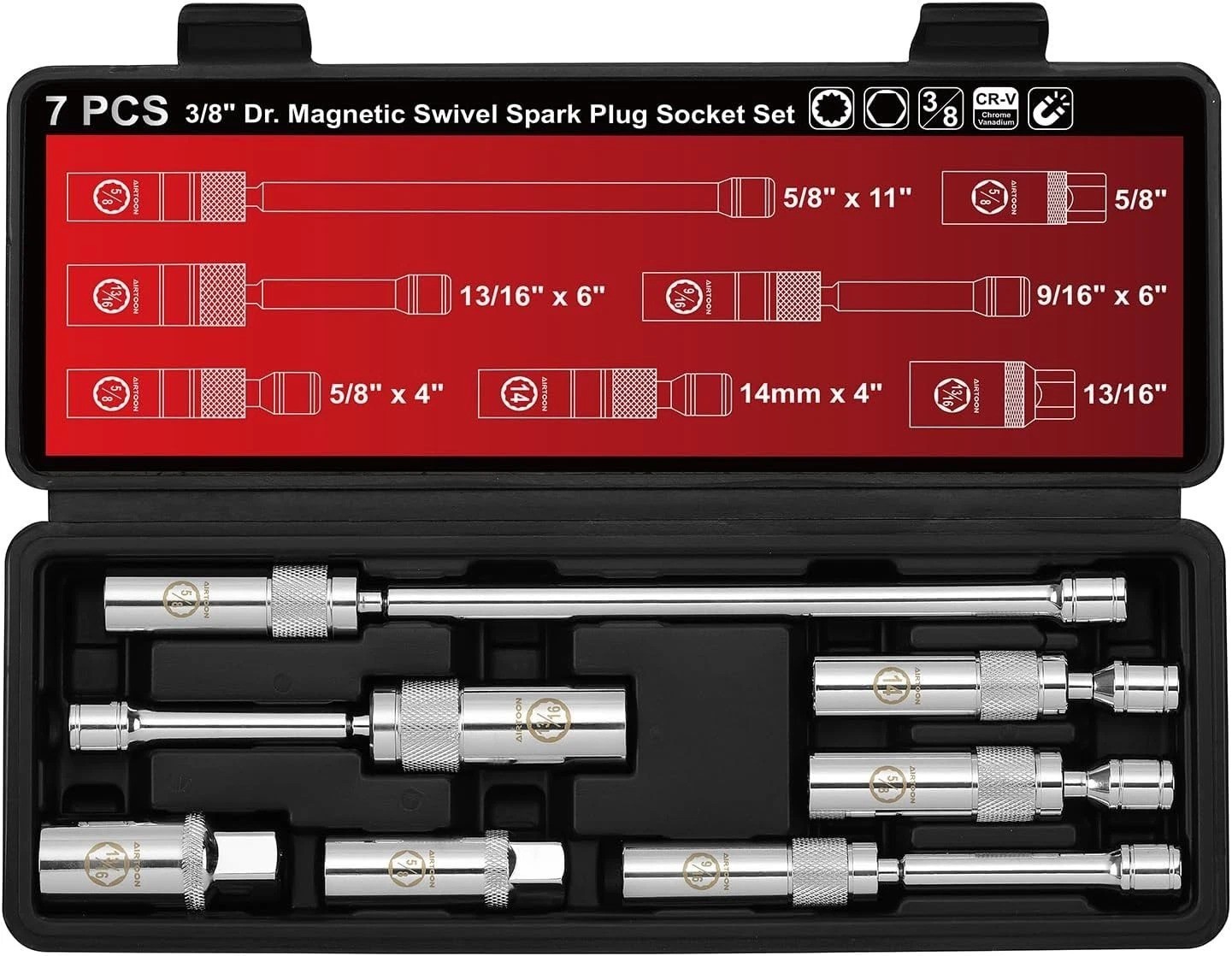 7-Piece 3/8″ Dr. Magnetic Swivel Spark Plug Socket Set**