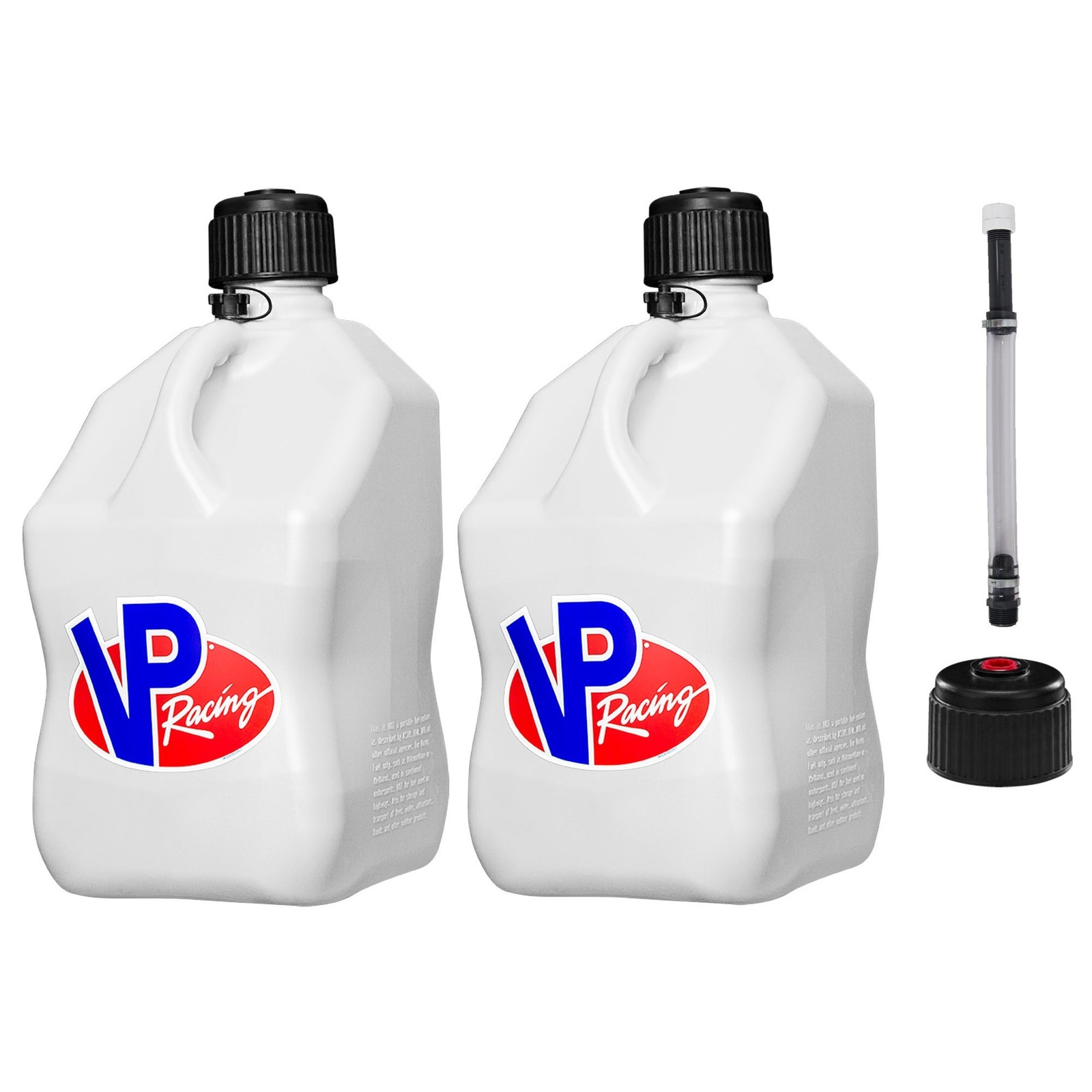 VP Racing Square Fuel Jug 5 Gallon White x 2 – With Spare Cap and Filler Hose