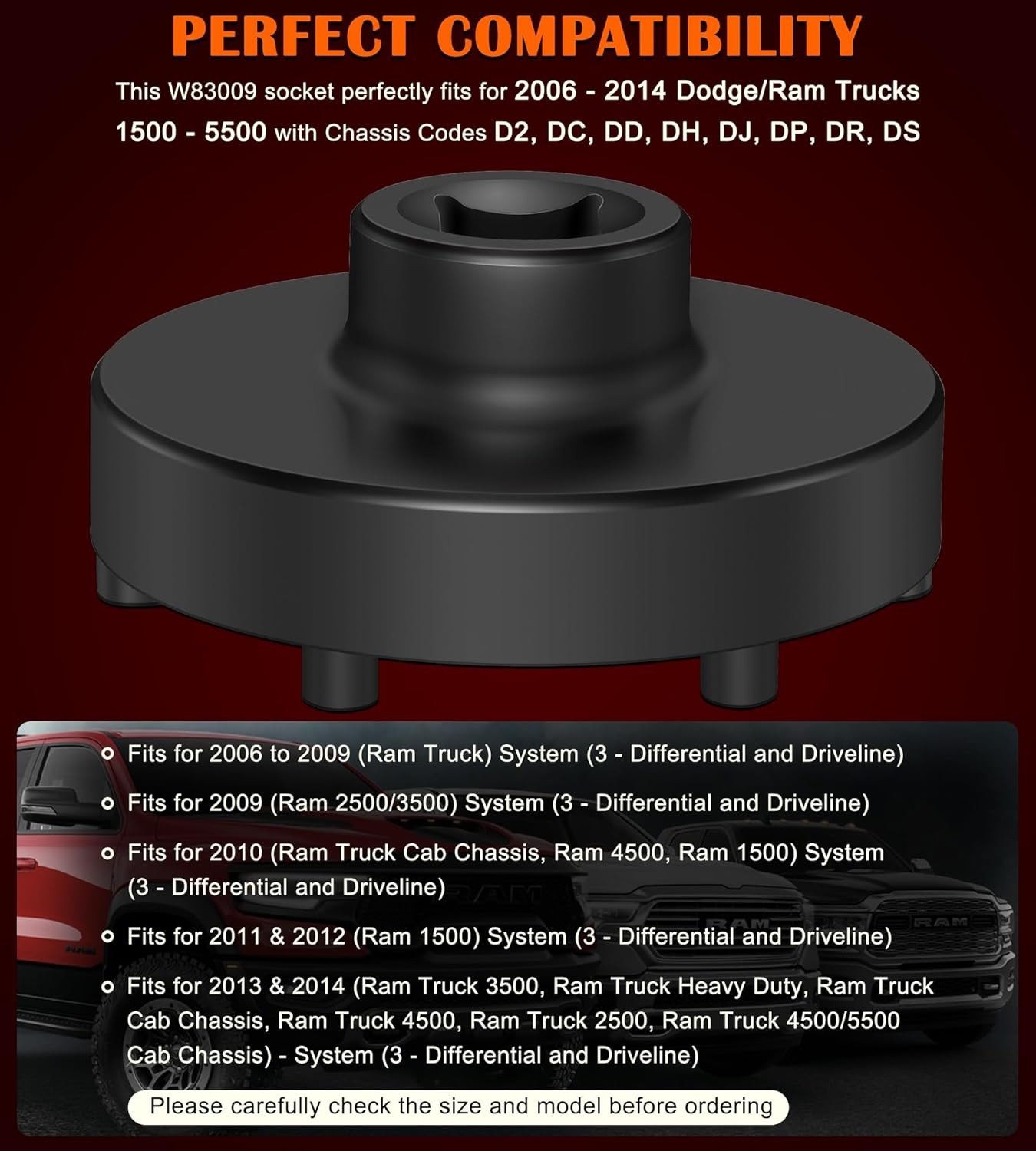 W83009 Heavy Duty 6 Lug Axle Nut Socket for 2006-2014 Dodge Ram Trucks 1500-5500