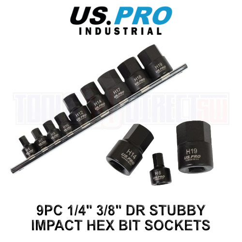 US PRO INDUSTRIAL 9pc 1/4″ 3/8″ DR Stubby Impact Hex Allen Key Bit Sockets Set