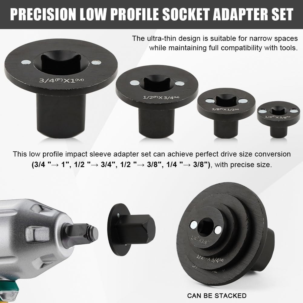 Low Profile Socket Adapter Set 4 Pcs Ratchet Drive Tight Spaces