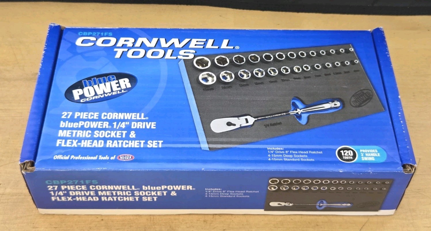 New Cornwell BluePower CBP271FS-1/4″ Dr 27 Pc Metric Skt Set & Flex Head Ratchet