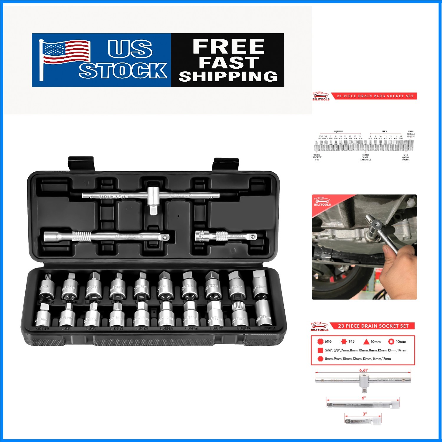 23-Piece Drain Plug Socket Set – Chrome Vanadium Steel with T-Bar Extensions