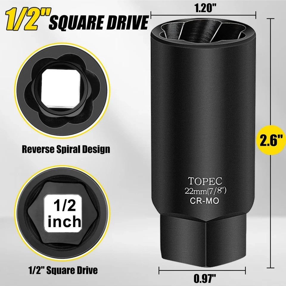 Topec 22MM Deep Lug Nut Extractor Socket – 1/2″ Drive Stripped Bolt 22mm