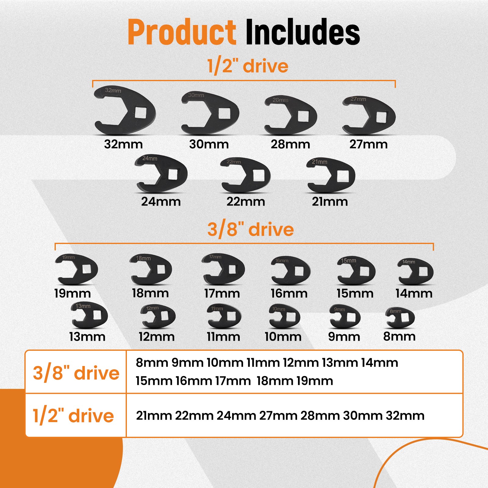 19PC Crowfoot Wrench Set 8-32mm Chrome Molybdenum Steel Metric Wrench Tool Kit
