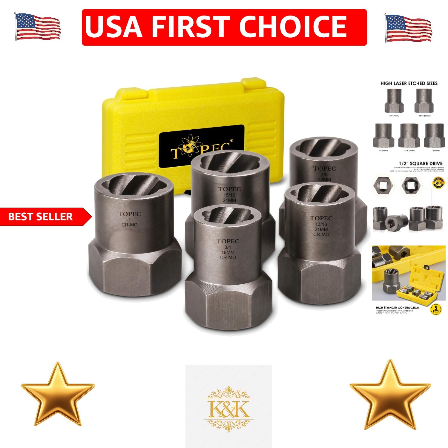 5-Piece Heavy Duty Bolt Remover Set – 1/2″ Drive Impact Tool for Stripped Bolts