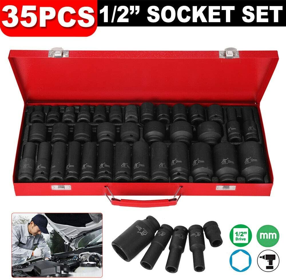 35PC 1/2″ Drive Impact Socket Set Deep & Standard Metric Axle Hub Nut 6-Point CR