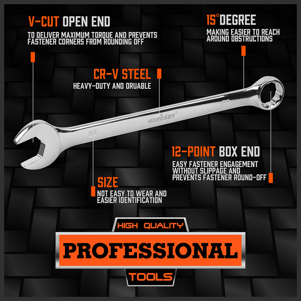 15PC Combination Spanner Wrench Ring Open Ended 8-22mm Metric 12 Point «V» Notch