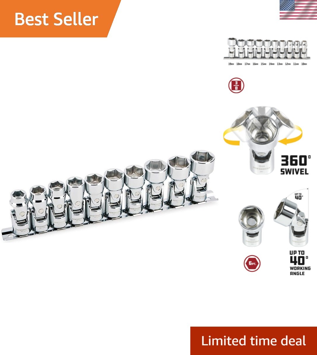 Durable 3/8-Inch Drive Metric Socket Set – 0mm to 19mm Swivel Design, 10 Pieces
