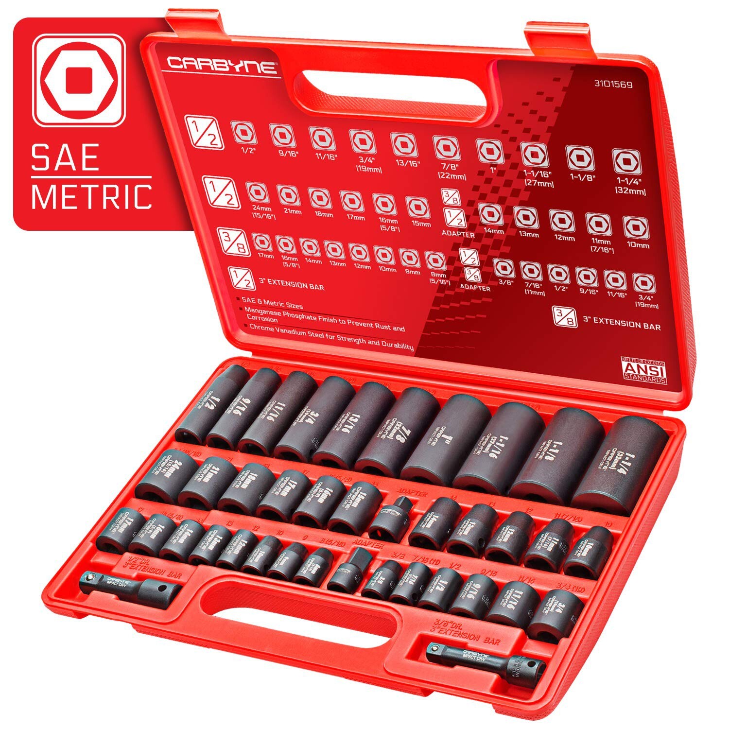 CARBYNE 40 Piece Impact Socket Set, SAE & Metric, Standard and Deep Sockets, …