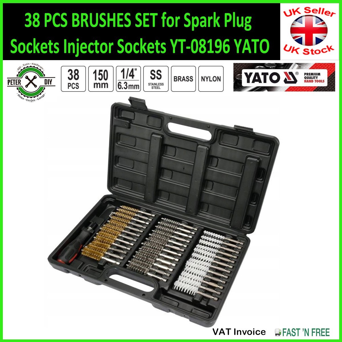38 PCS BRUSHES SET for Spark Plug Sockets Injector Sockets YT-08196 YATO