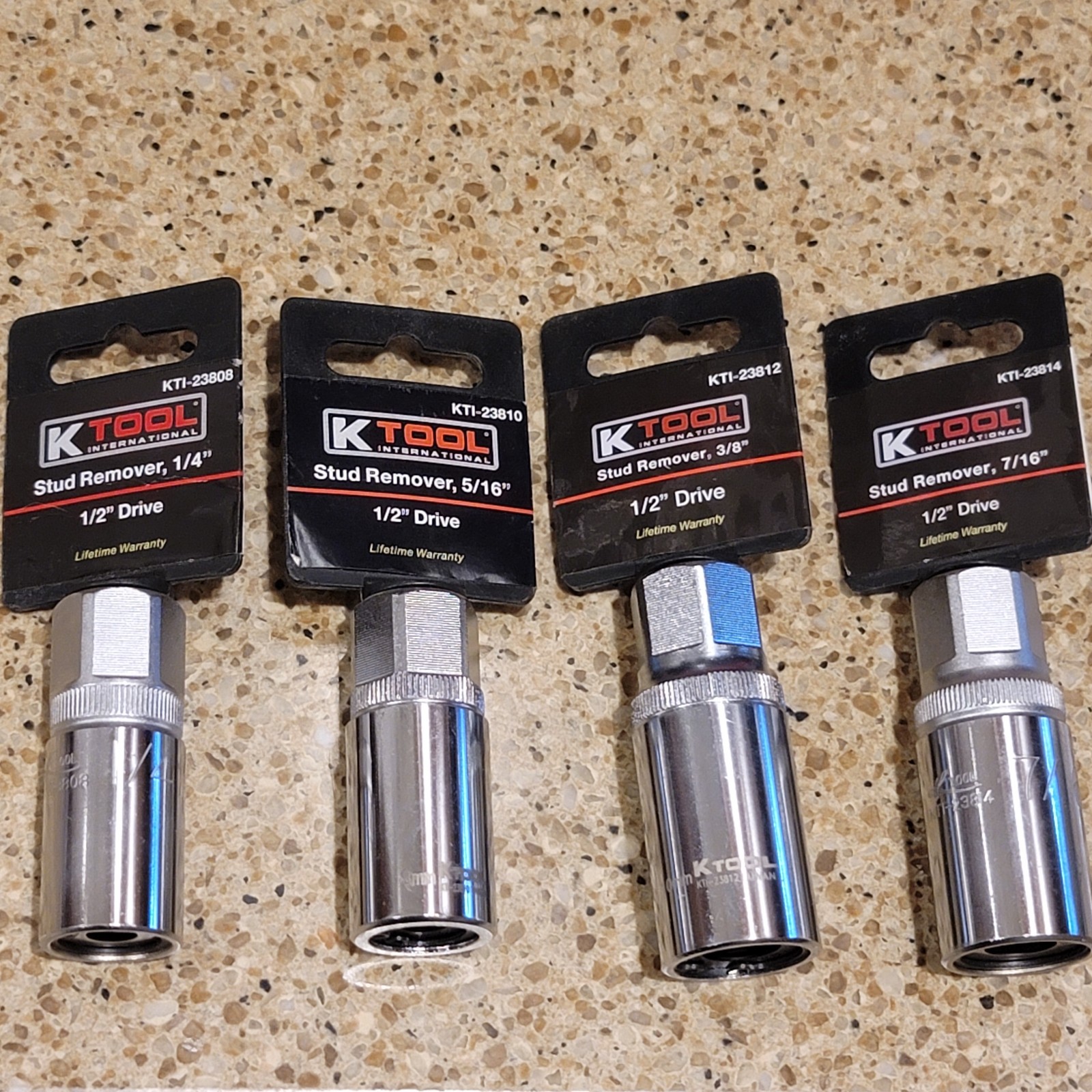 K TOOL STUD REMOVER SAE SOCKET SET 1/2″ DRIVE – 1/4, 5/16, 3/8, 7/16 NOS VTG KTI
