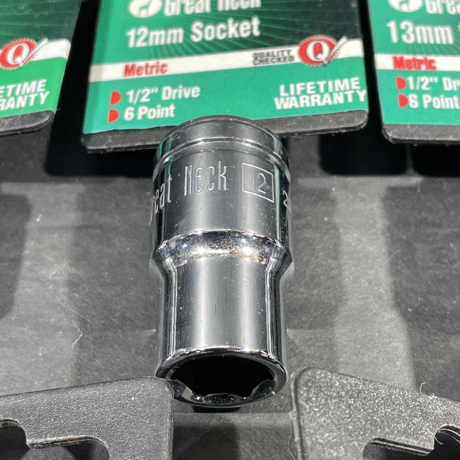 5- 1/2” Drive, 6 Point Great Neck Sockets, 10mm 12mm 13mm 15mm 19mm, Shallow