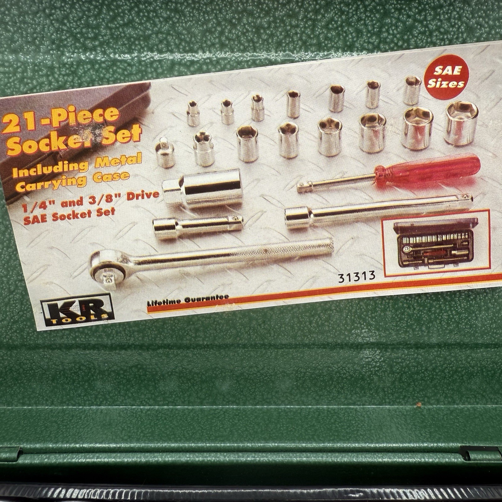 Vintage KR Tools 21-piece 1/4” 3/8″ SAE Socket Set with Green Metal Box