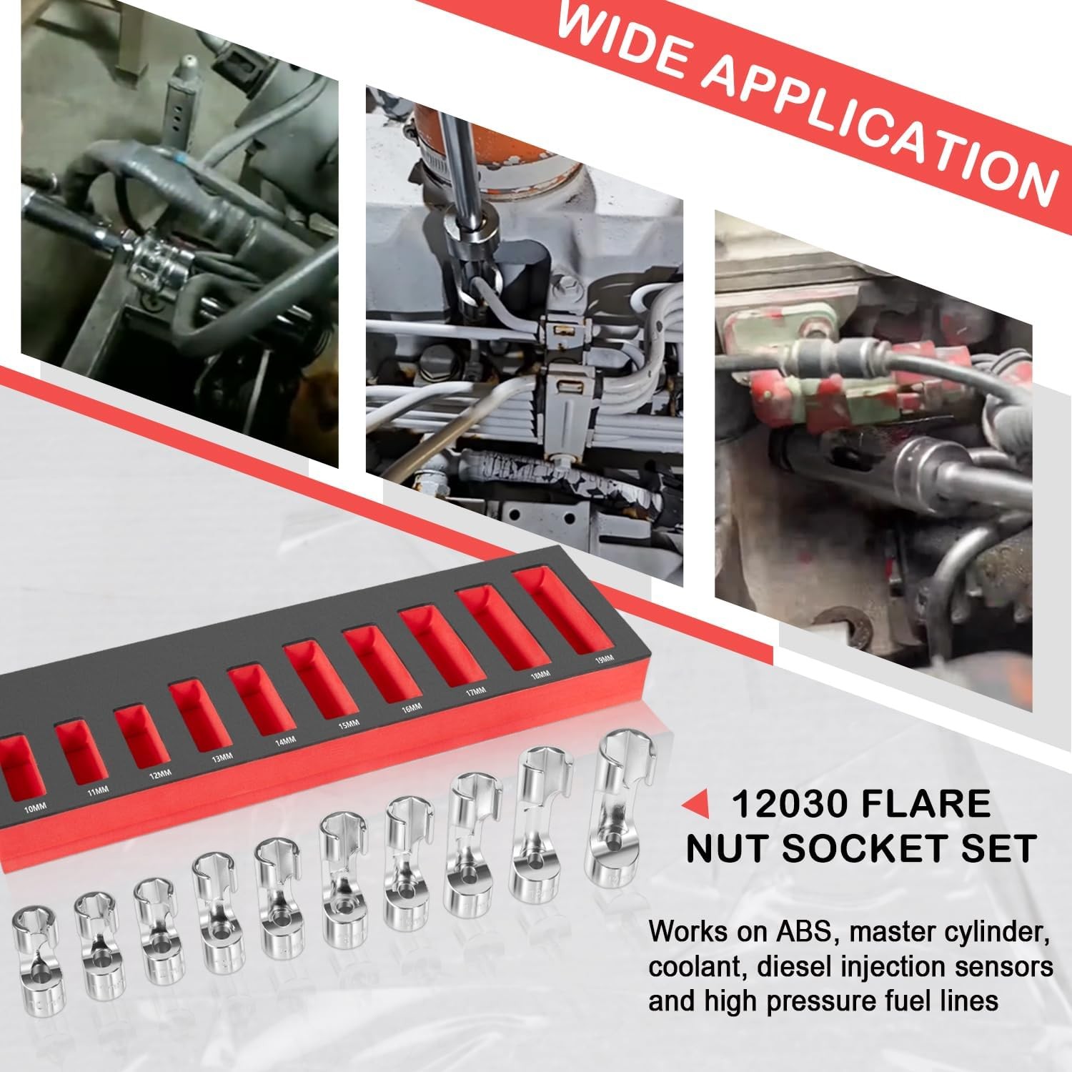 12030 10 Piece 3/8″ Drive Metric Flare Nut Socket Set 10mm-19mm
