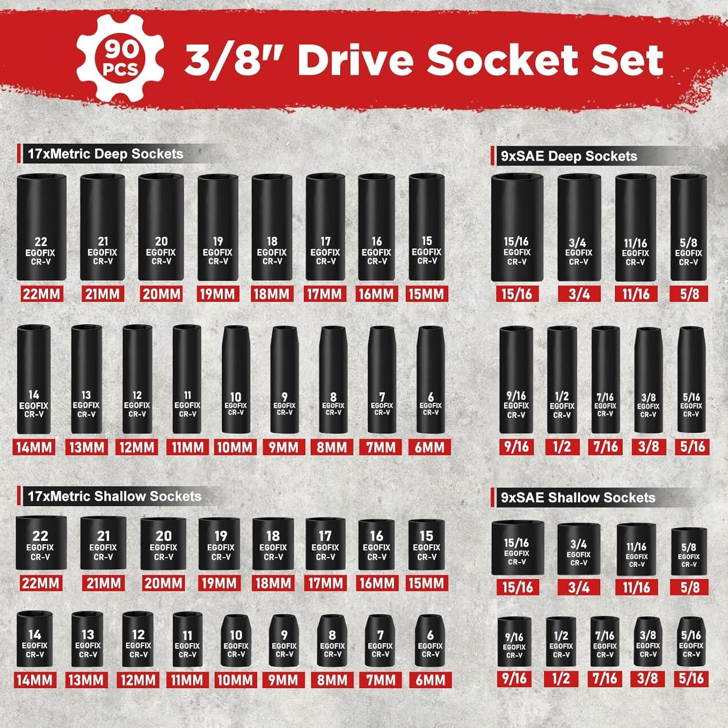 3/8″ Drive Impact Socket Set, 90 Piece Metric Socket 6-22mm and Standard SAE …