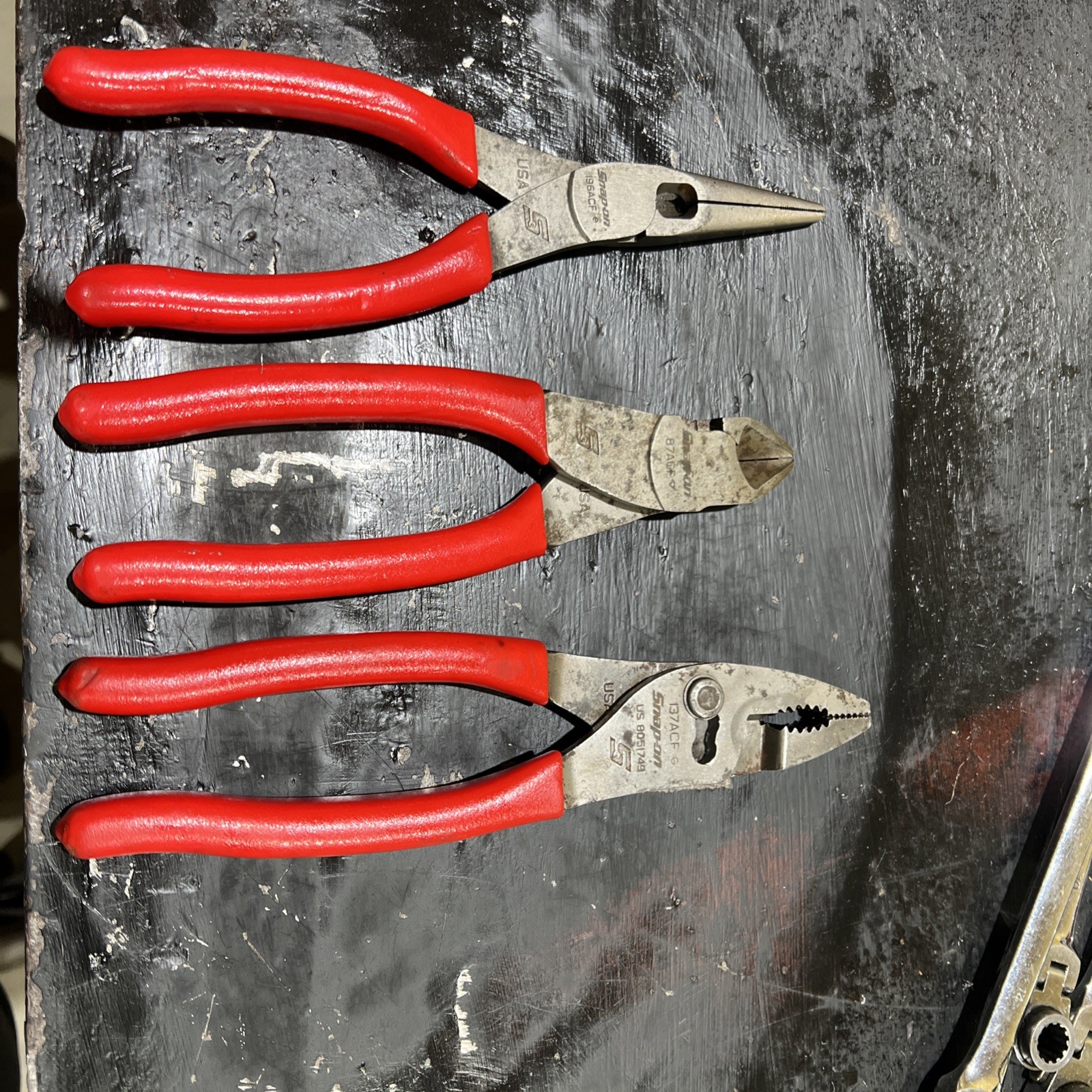 Snap-on 3pc Soft Grip Mix Pliers Set 196acf 87acf 137acf red handle