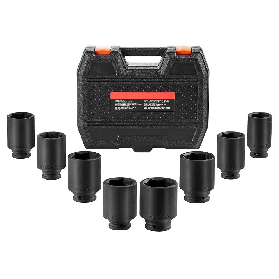 Axle Nut Impact Socket Set 1/2″ Drive Deep 6-Point 8PCS SAE Nut Socket