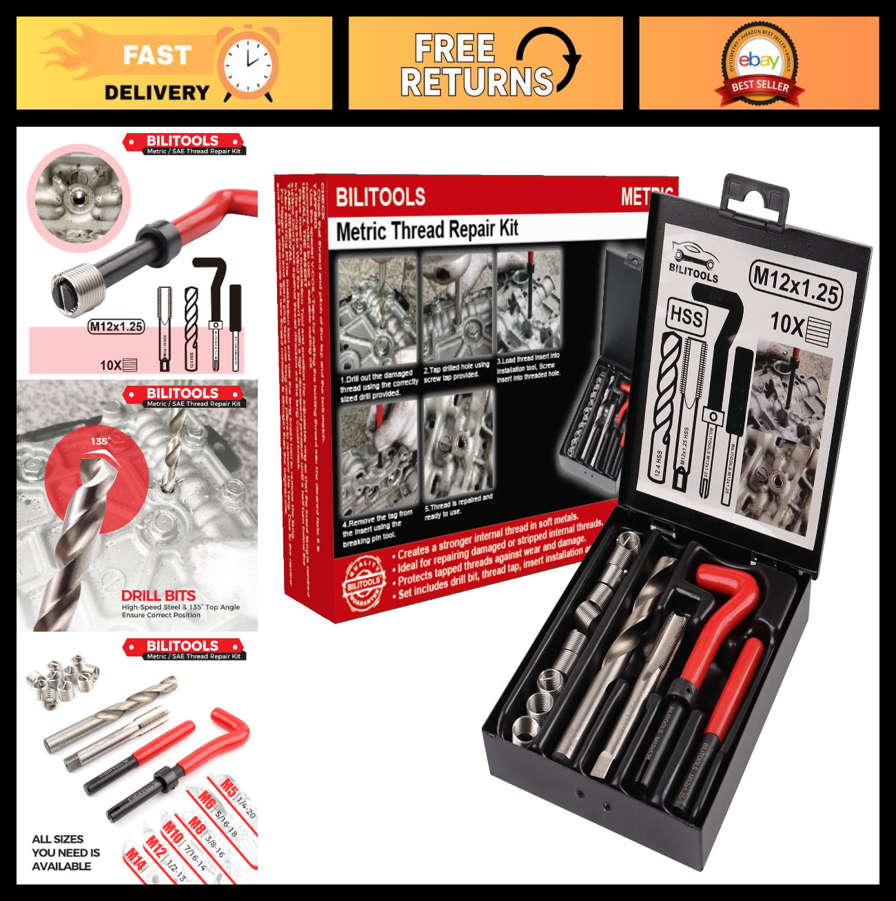 M12x1.25 Thread Repair Kit – HSS Drill Helicoil Metric Tool for Stripped Threads