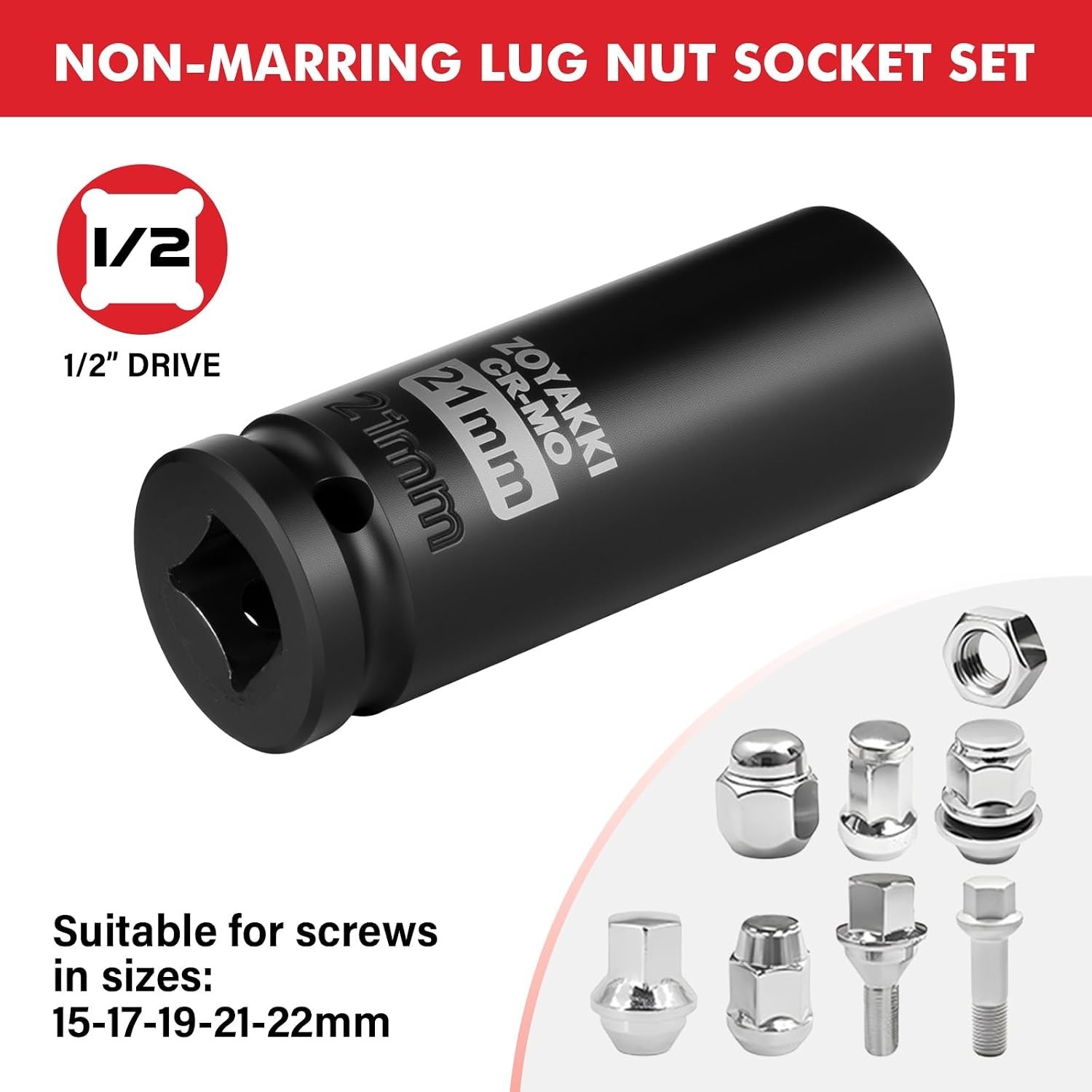 5 PC 1/2″ Drive Deep Impact Socket Set15-17-19-21-22mm Metric 6 Point