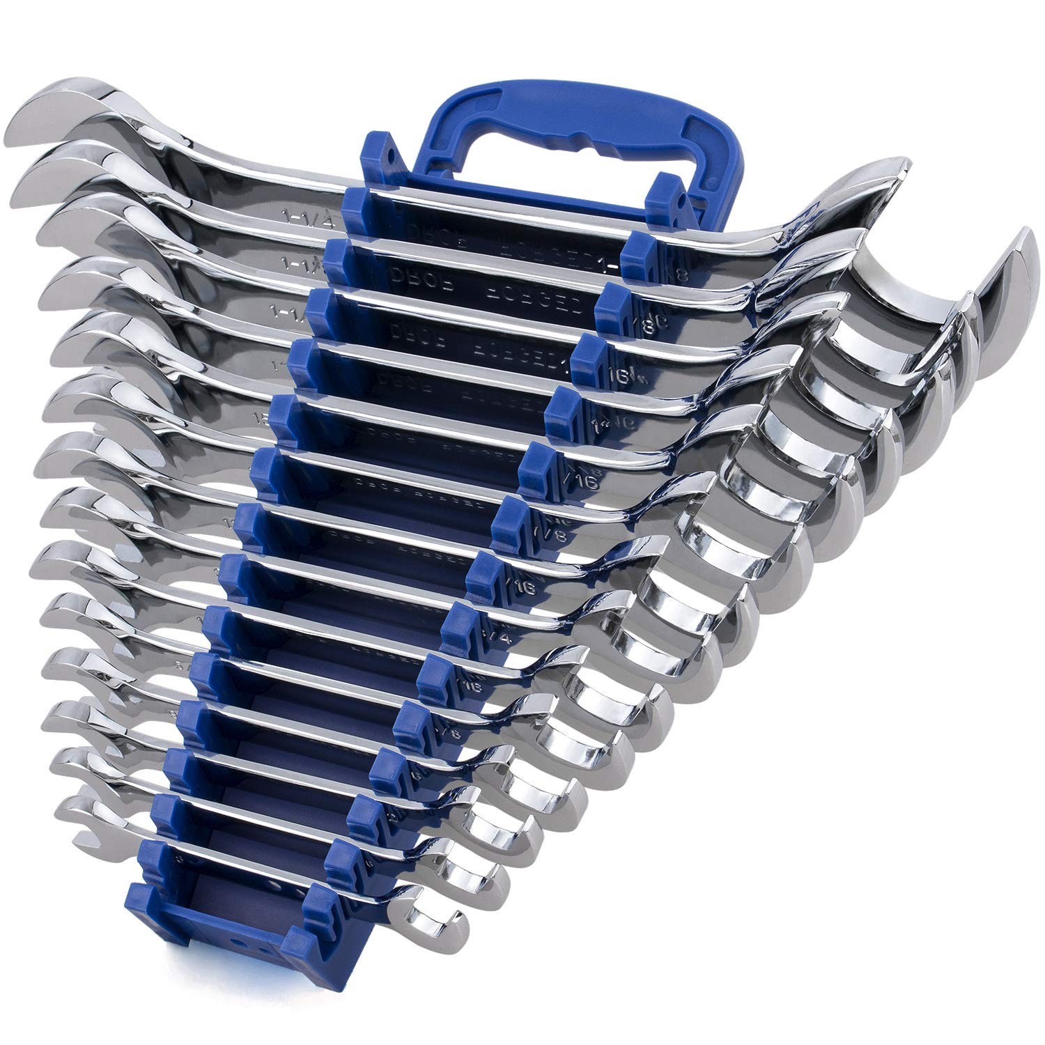 14-Piece Angle Head Open End Wrench Set, Chrome Vanadium Steel, Inch Sizes + Rac