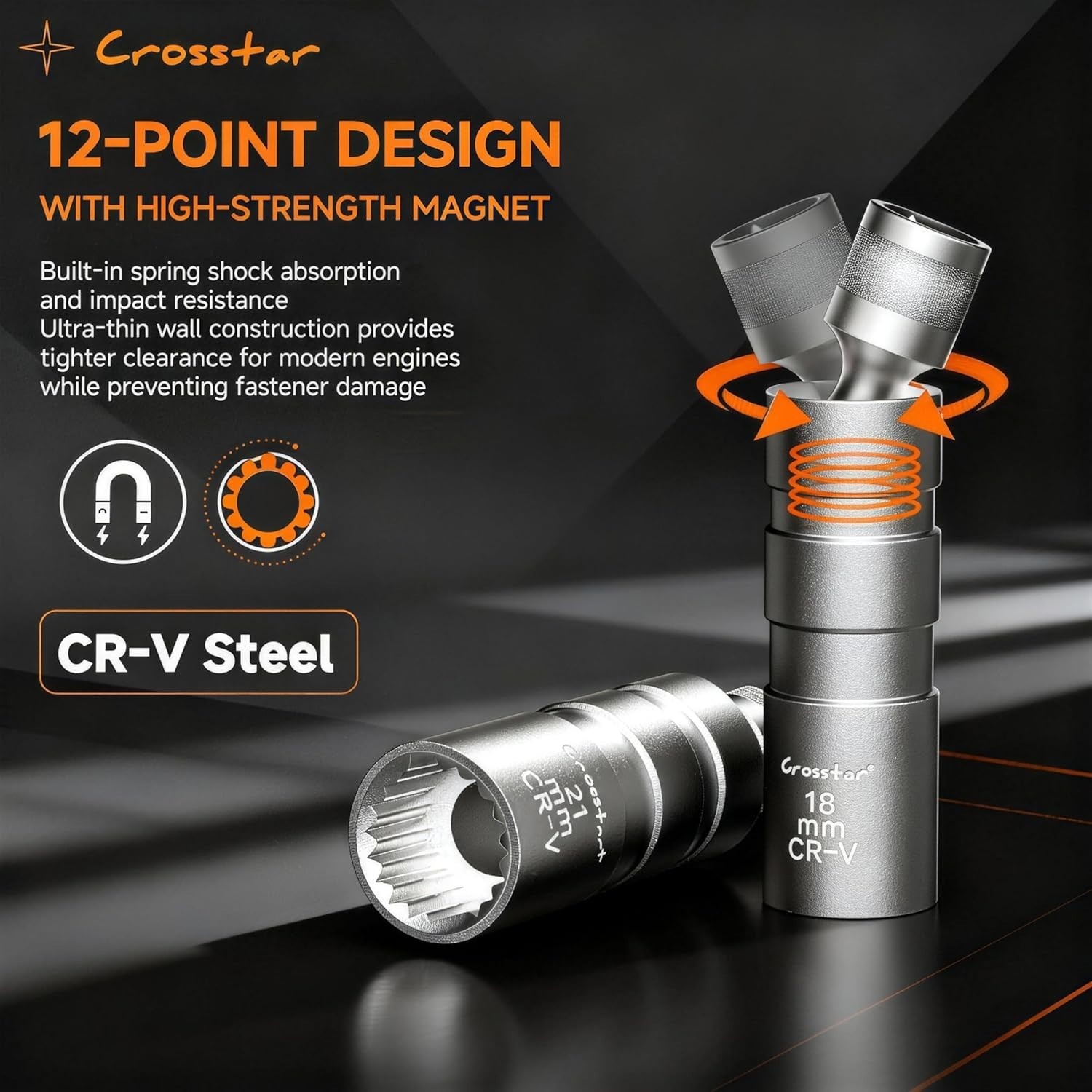 11PC 3/8″ Drive Magnetic Swivel Spark Plug Socket Set – CR-V Steel