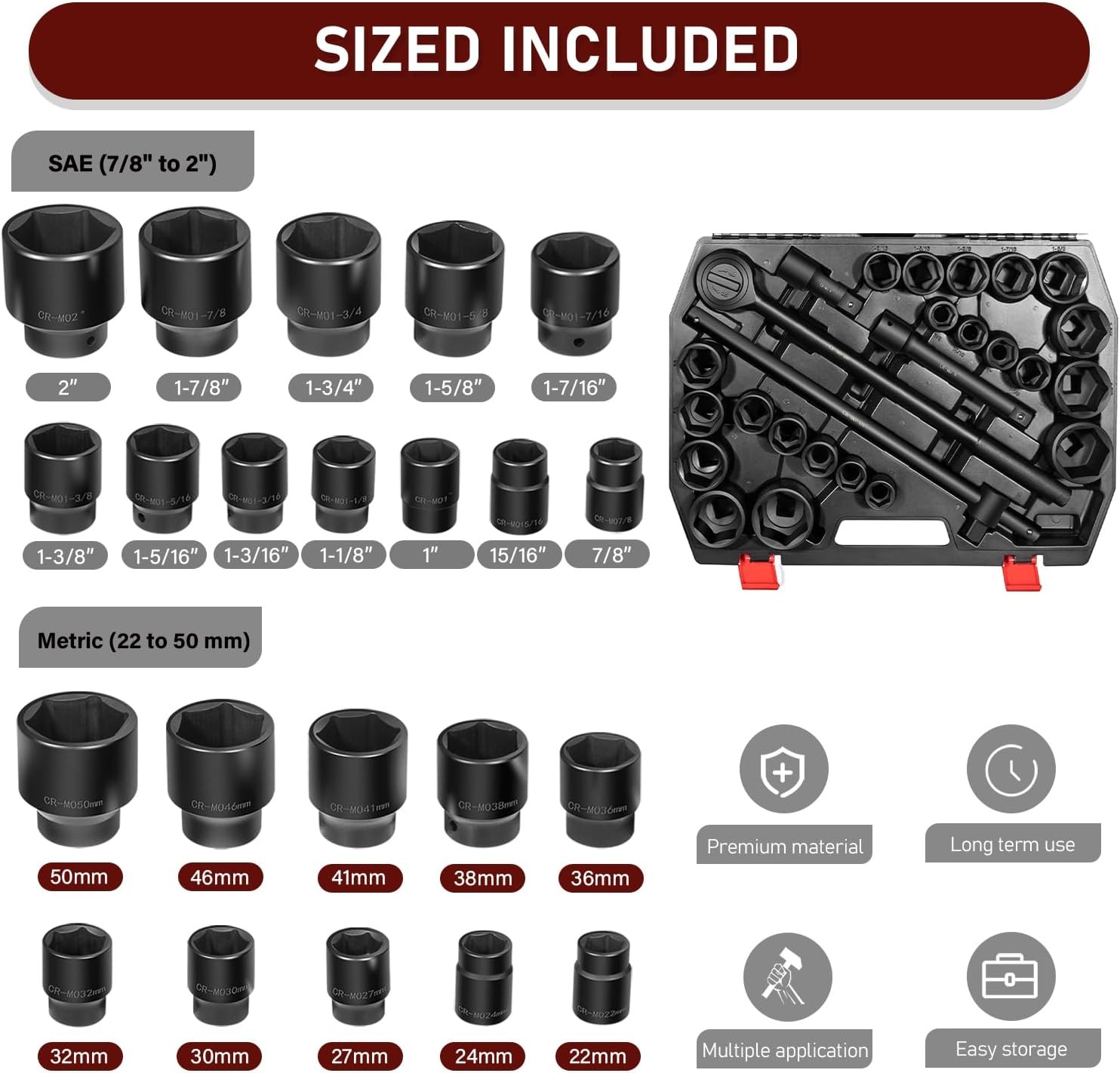 27PCS 02499A 3/4″ Drive Impact Socket Set SAE (7/8″ to 2″) Metric (22-50mm) Size