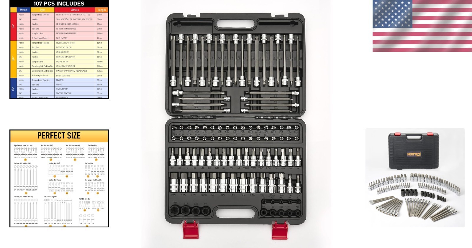 Master 107pc Torx Allen Bit Socket Set, S2 Steel, 1/4″ 3/8″ 1/2″ Drive, Durable