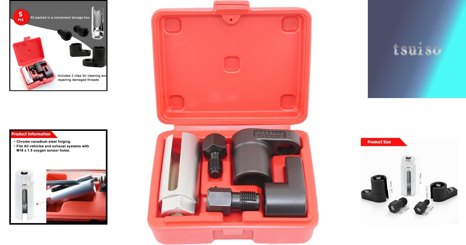 Durable 5PC O2 Sensor Socket Set – Chrome Vanadium Steel for Auto Repairs