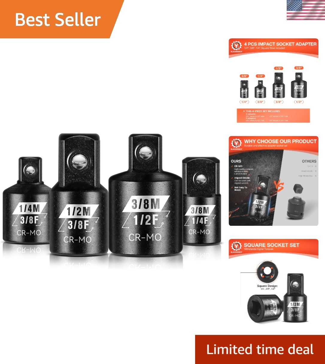 Impact Socket Adapter Set – 4 pcs, Chrome Molybdenum Steel, Corrosion Resista…