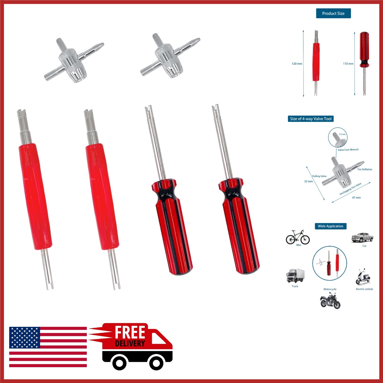 Tire Valve Removal Tool Kit 4-Way Valve Core Remover for Cars Bikes RVs