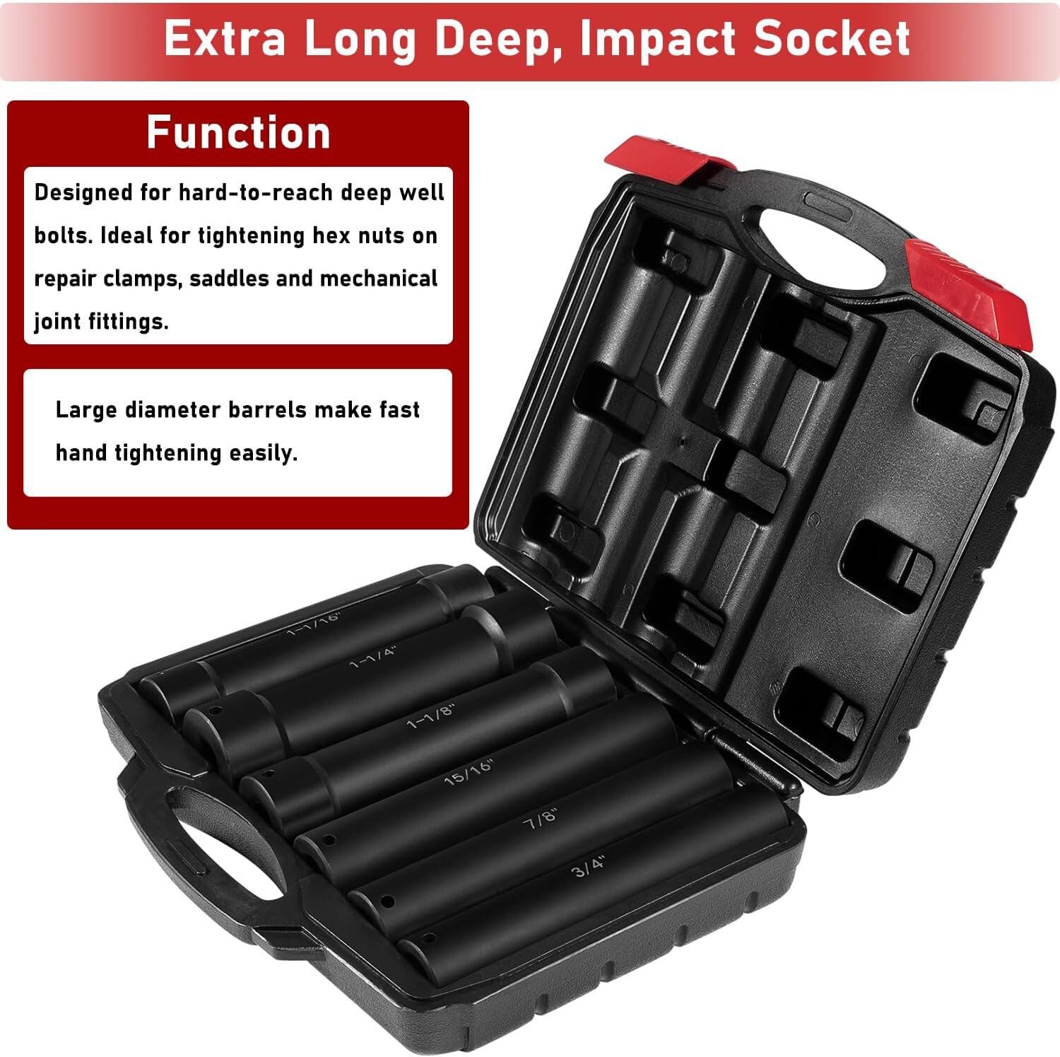 1/2″ Drive Extended Length Impact Socket Set 6PCS 3/4″ to 1-1/16″ 1-1/8″ 1-1/4″