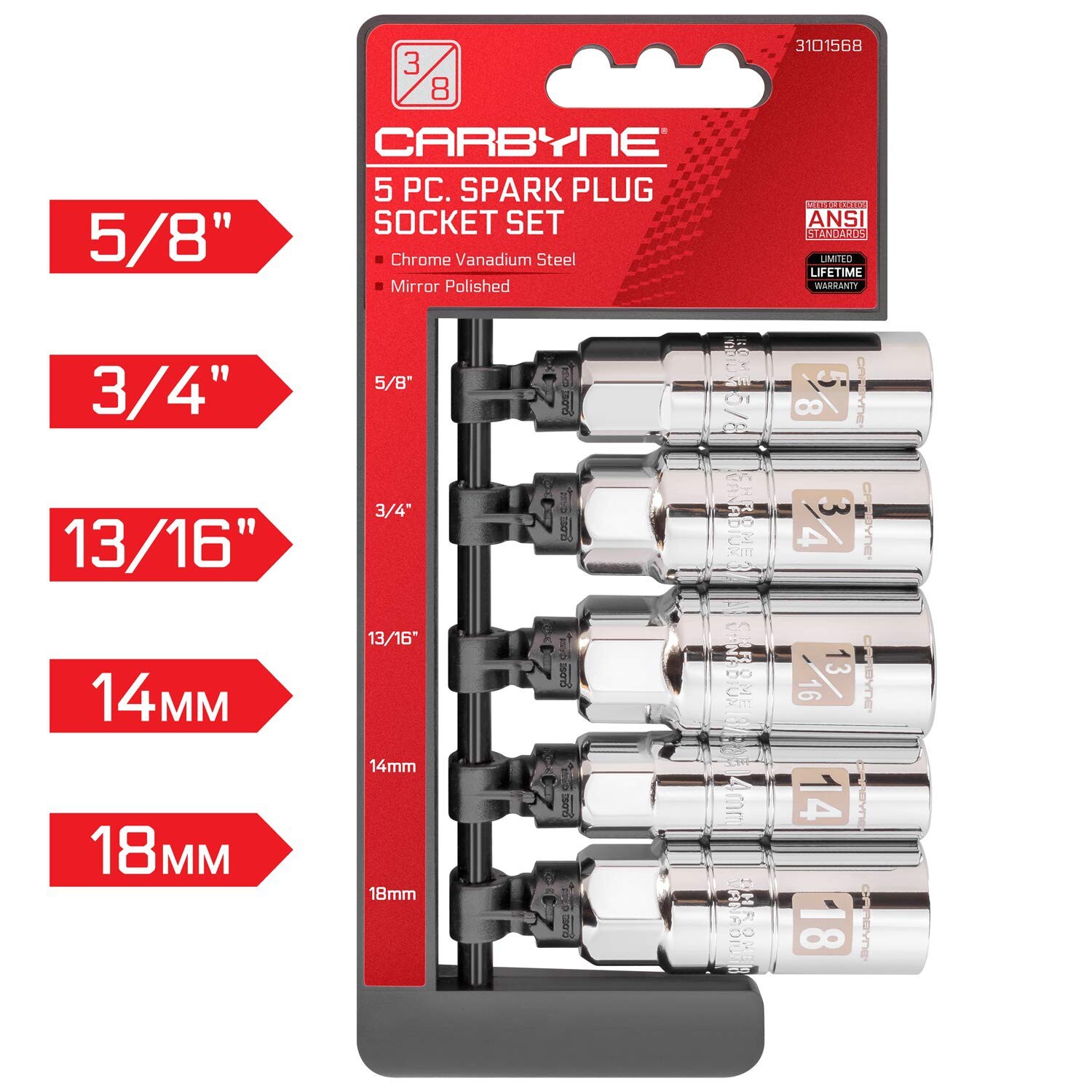 CARBYNE 5 Piece Spark Plug Socket Set, High Visibility 3/8-Inch Drive SAE & M…