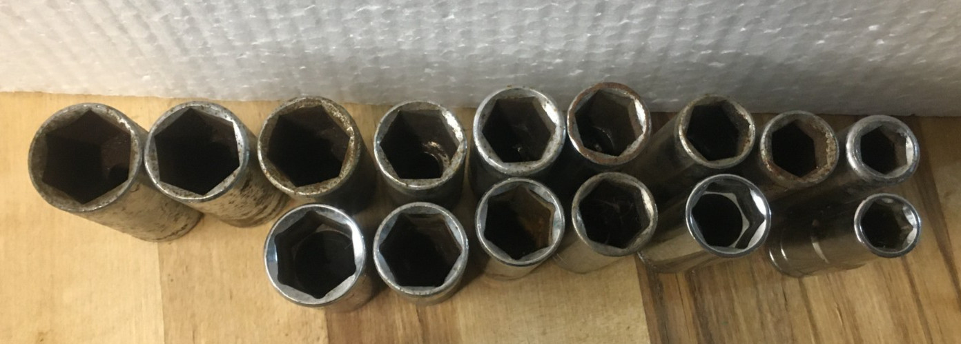 Lot Of 15 MM BENCHTOP, GEAR WRENCK, GREAT NECK, & OTHER Deep Sockets 3/8″ Drive