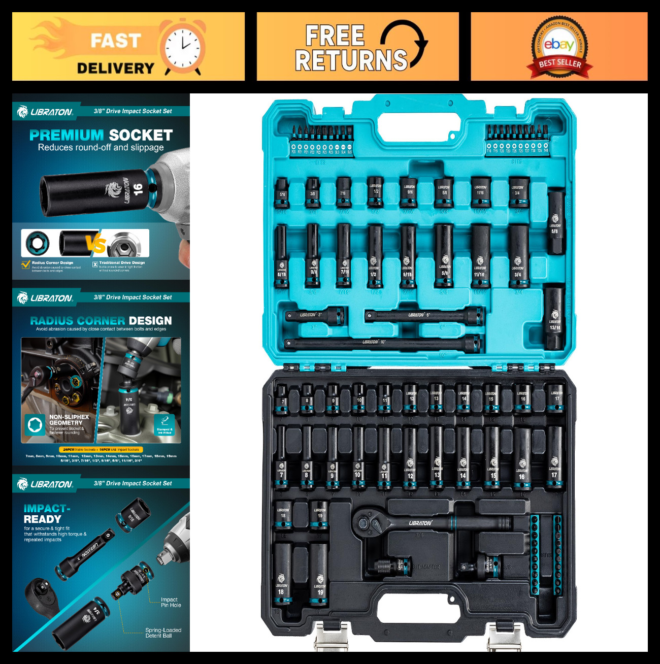90PCS 3/8″ Socket Set – SAE & Metric Impact Sockets, Deep/Shallow, Ratchet, Bits
