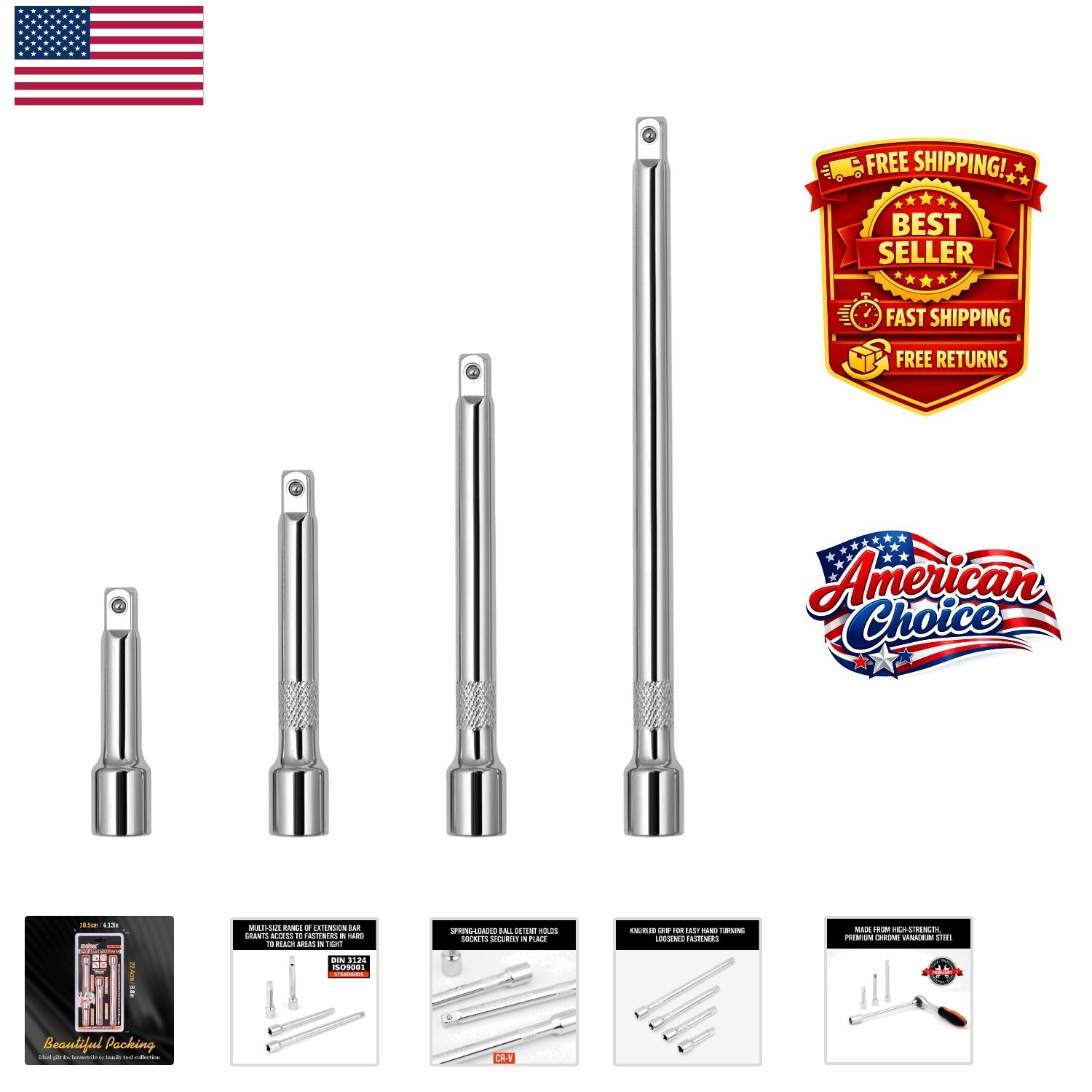 4-Piece 1/4″ Socket Extension Set – Durable Chrome Vanadium Steel