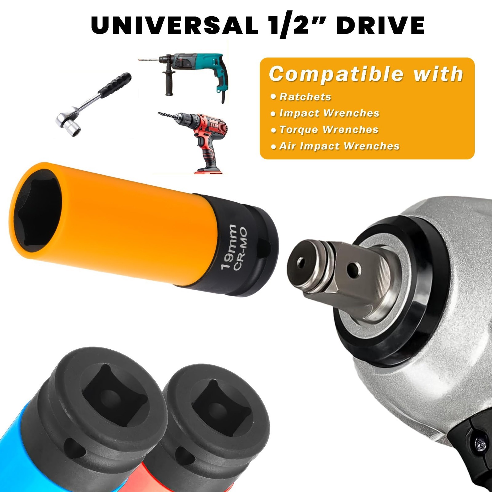 5-Piece 1/2″ Drive Lug Nut Socket Set – Metric 17mm 19mm 21mm 22mm, Thin Wall De