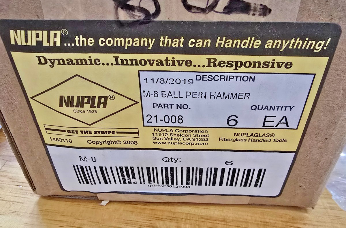NUPLA Box of (6) 8oz. Ball Pein Hammers M-8 Fiberglass Handle NOS