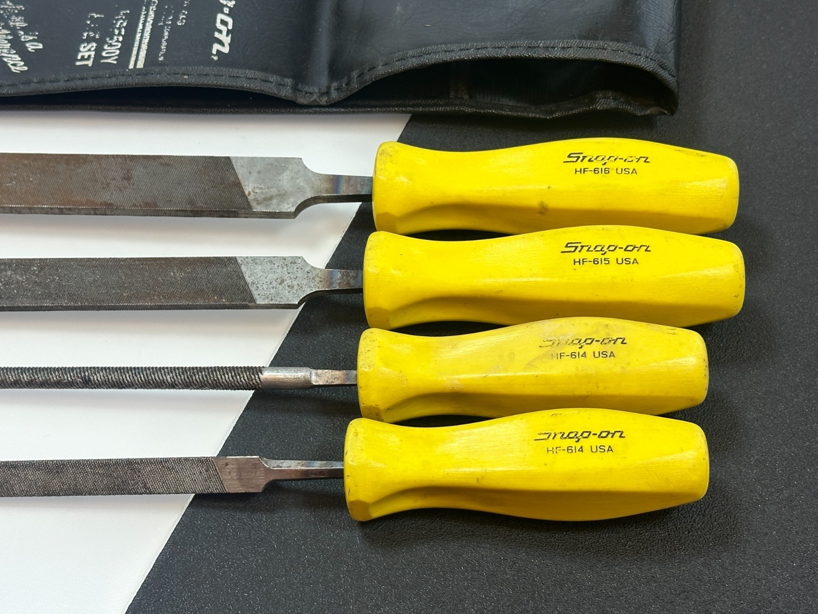 Snap-On Tools USA HBF500Y 4pc CLASSIC YELLOW Hard Handle File Set & Kit Bag RARE