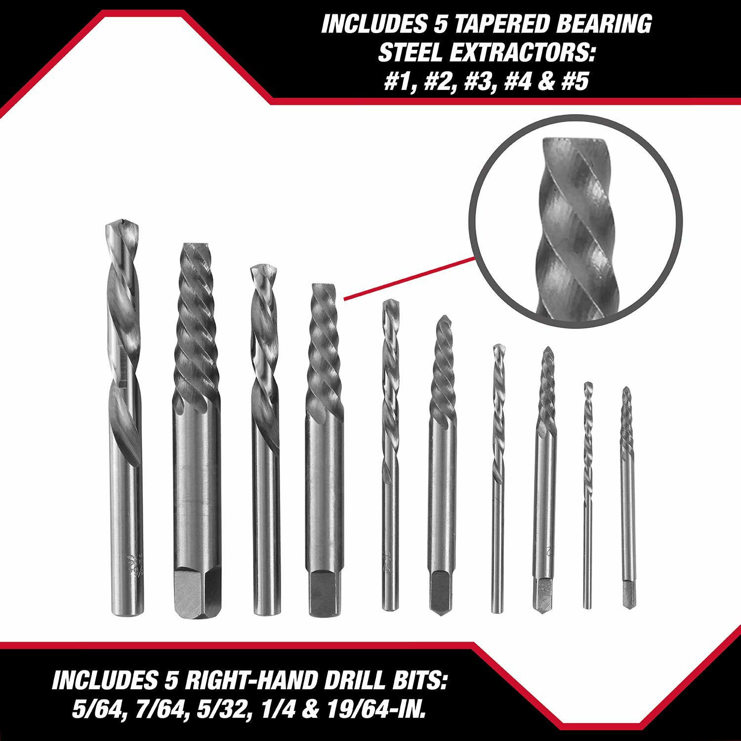 Hyper Tough 10-Piece BOLT EXTRACTOR SET Mechanics Length High Speed Steel Bits &