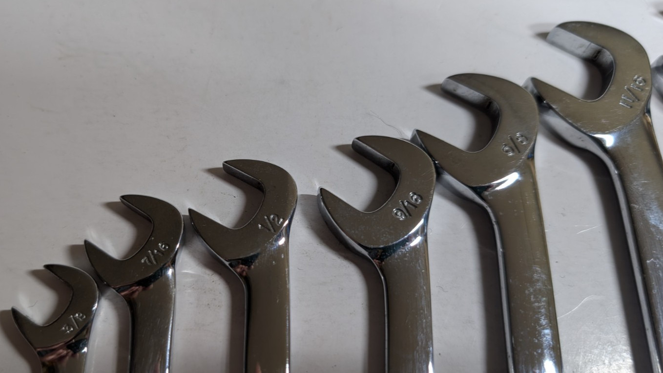 SNAP ON TOOLS 10PC 6-POINT SAE 4 WAY ANGLE OPEN-END WRENCH SET 3/8 – 15/16 USA
