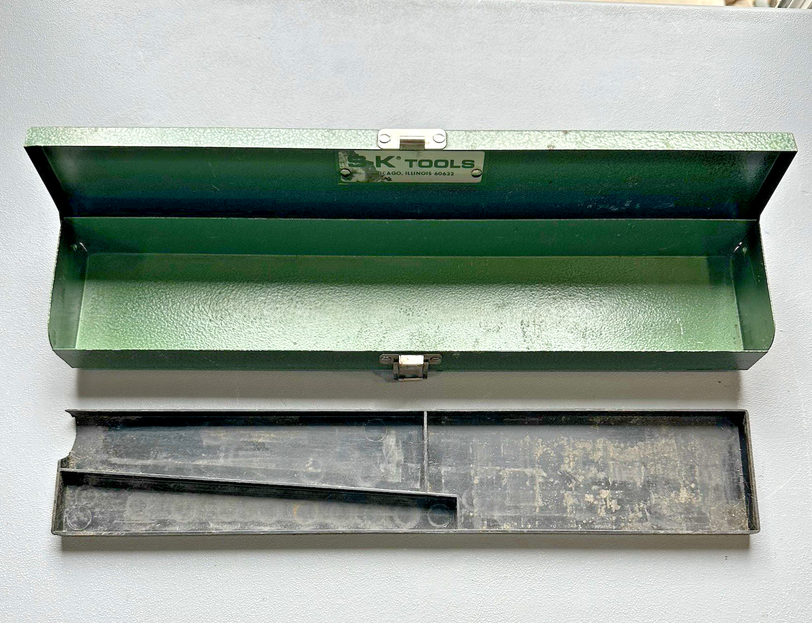 Vintage SK Tools Green Metal Socket Set Box 15″x3″Long Empty Case with Tray