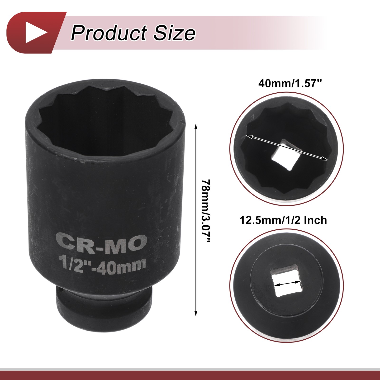 Universal 1/2 Inch Drive Impact Socket 40mm 12 Point High Carbon Steel 1 Pcs