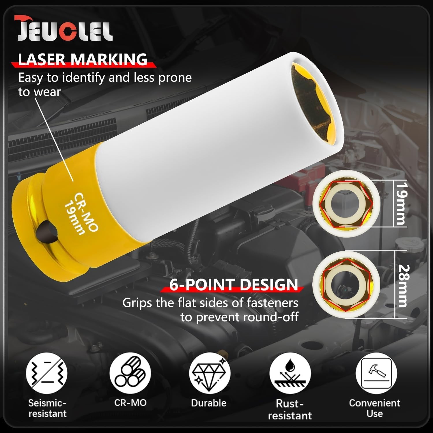 19mm Alloy Steel Impact Socket w/ Scratch-Resistant Sleeve for Wheels & Lug Nuts