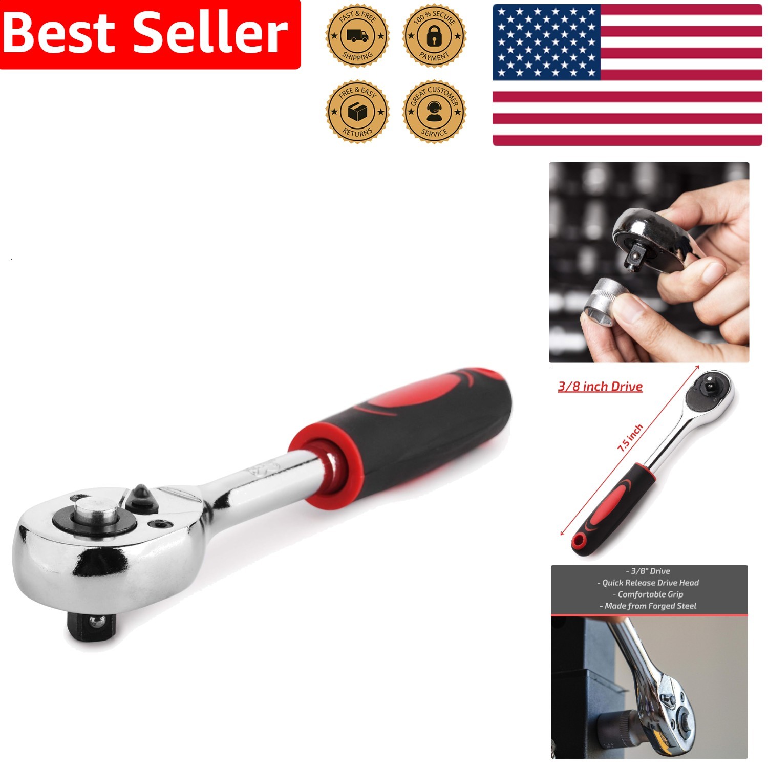 7.5 Inch 24 Tooth Ratchet Wrench 3/8 Drive Chrome Vanadium Heat Treated